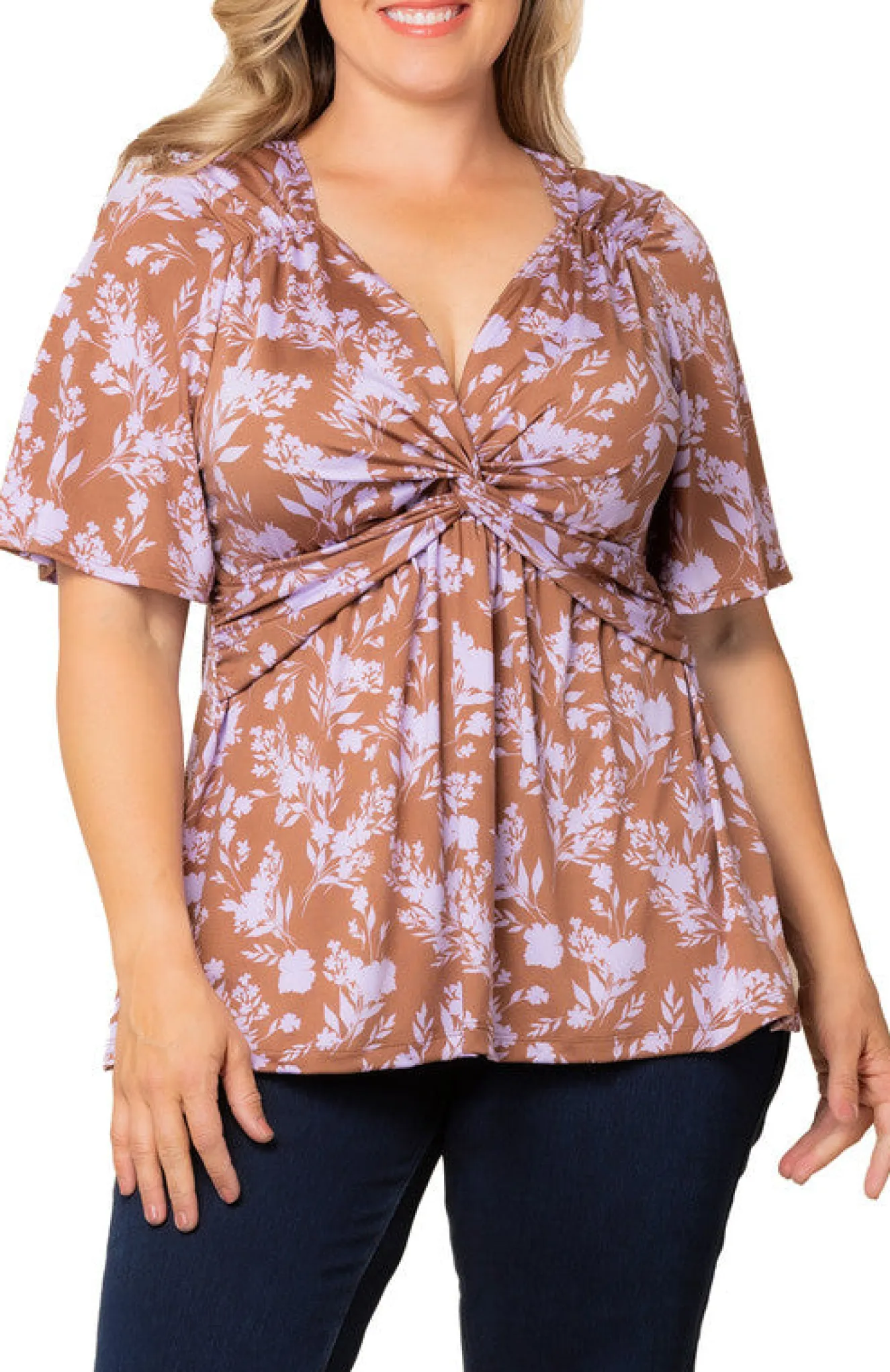 Abby Twist Front Lavender Florals Top - Plus