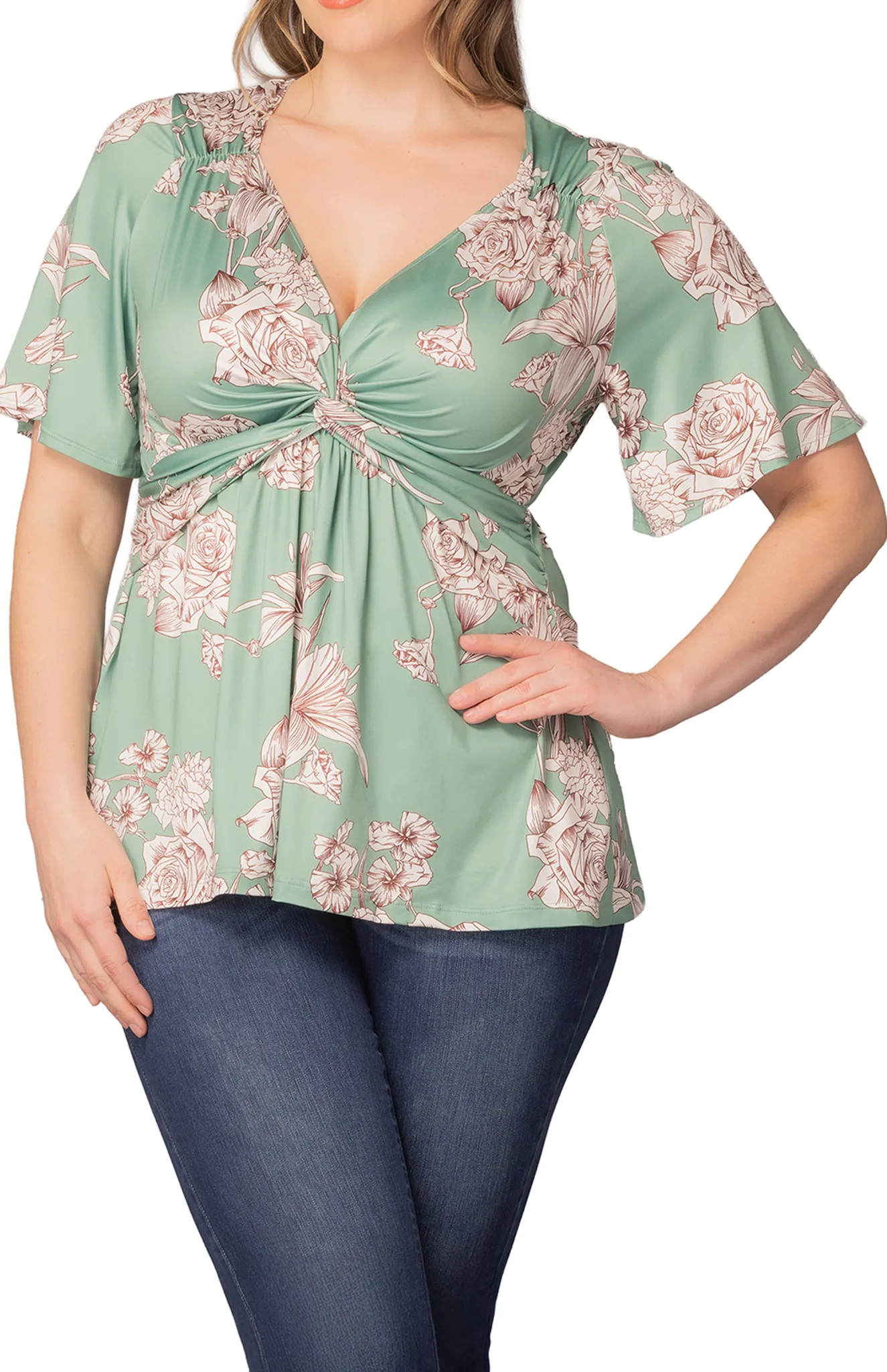 Abby Twist Front Top- Sage Garden Print -Plus