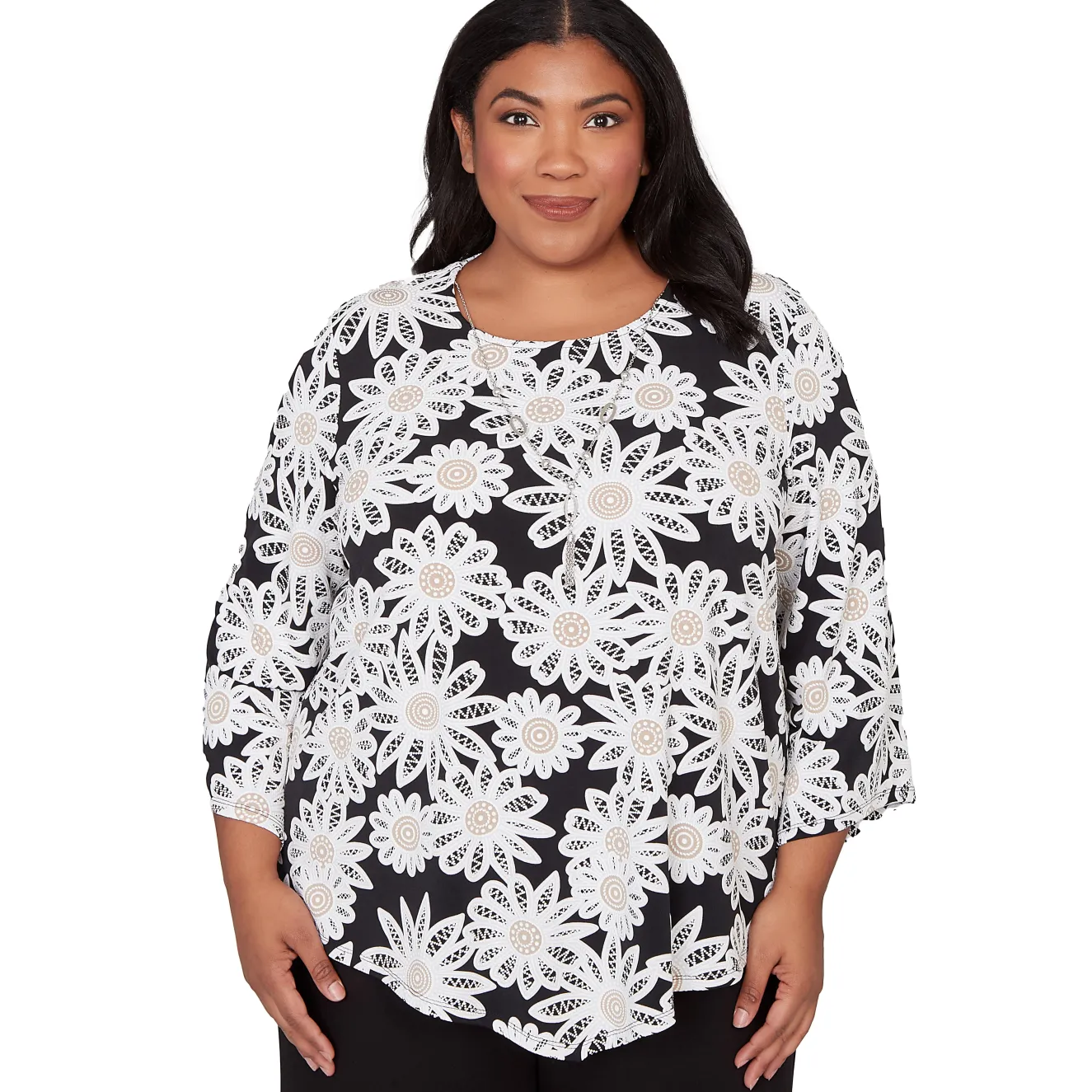 Alfred Dunner Daisy Pointed Hem Top with Necklace, Plus