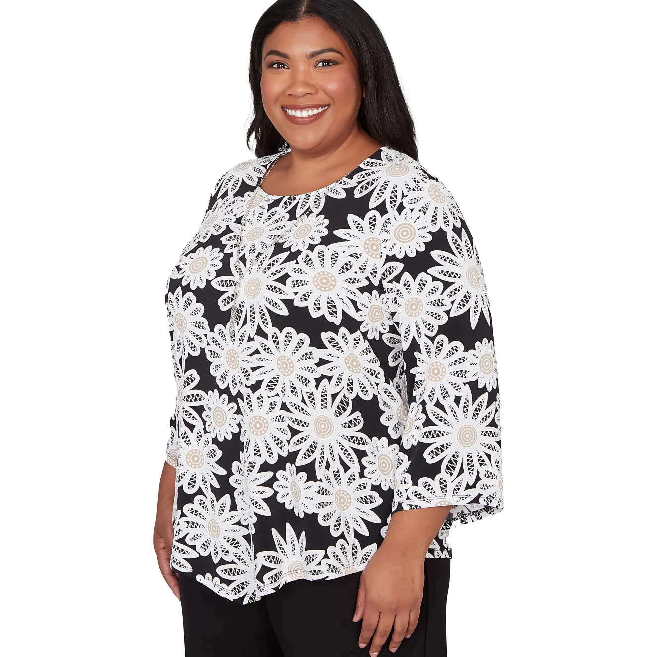 Alfred Dunner Daisy Pointed Hem Top with Necklace, Plus