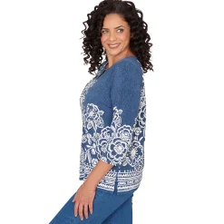 Alfred Dunner Floral Border Embroidered Split Neck Top, Petite