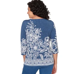 Alfred Dunner Floral Border Embroidered Split Neck Top, Petite