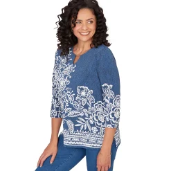 Alfred Dunner Floral Border Embroidered Split Neck Top, Petite