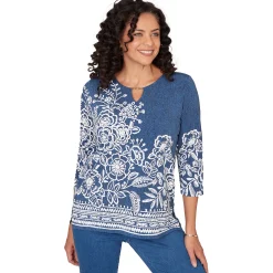 Alfred Dunner Floral Border Embroidered Split Neck Top, Petite
