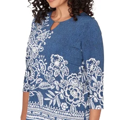 Alfred Dunner Floral Border Embroidered Split Neck Top