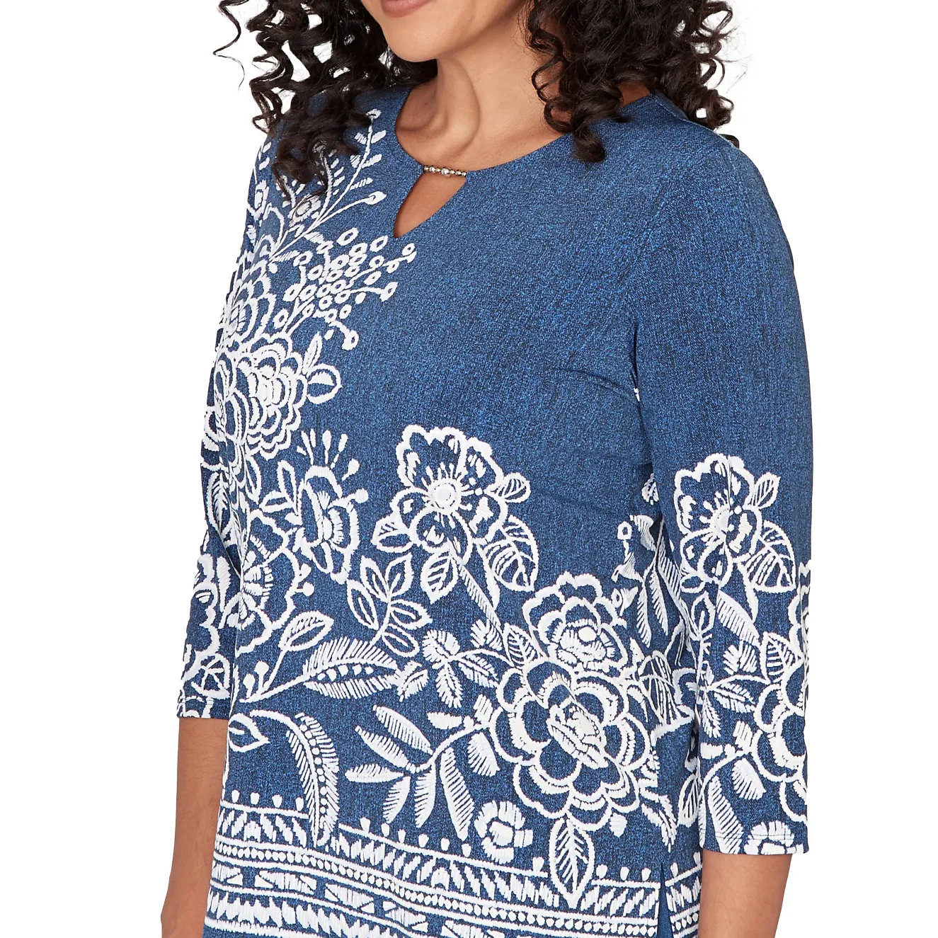Alfred Dunner Floral Border Embroidered Split Neck Top
