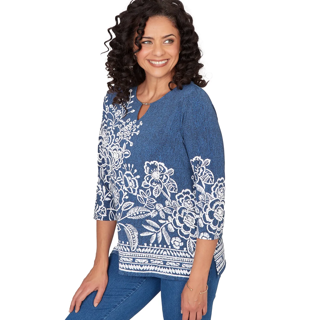 Alfred Dunner Floral Border Embroidered Split Neck Top