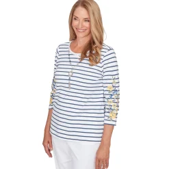Alfred Dunner Floral Embroidered Stripe Top with Necklace, Petite