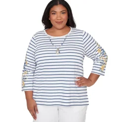 Alfred Dunner Floral Embroidered Stripe Top with Necklace, Plus
