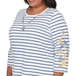 Alfred Dunner Floral Embroidered Stripe Top with Necklace, Plus