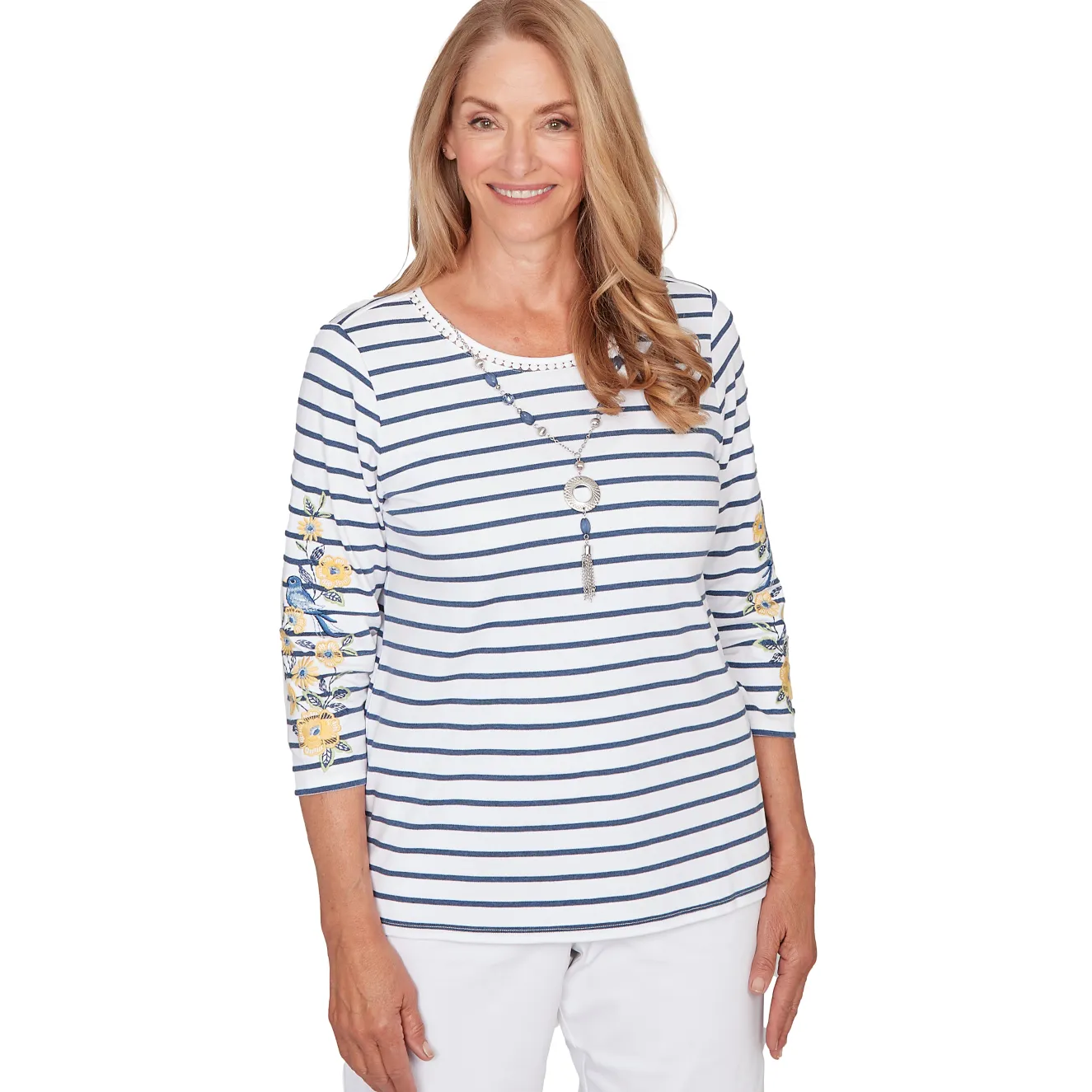 Alfred Dunner Floral Embroidered Stripe Top with Necklace