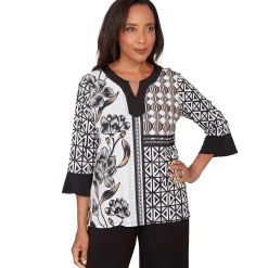 Alfred Dunner Floral Geo Patchwork Split Neck Top
