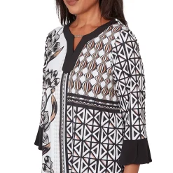 Alfred Dunner Floral Geo Patchwork Split Neck Top