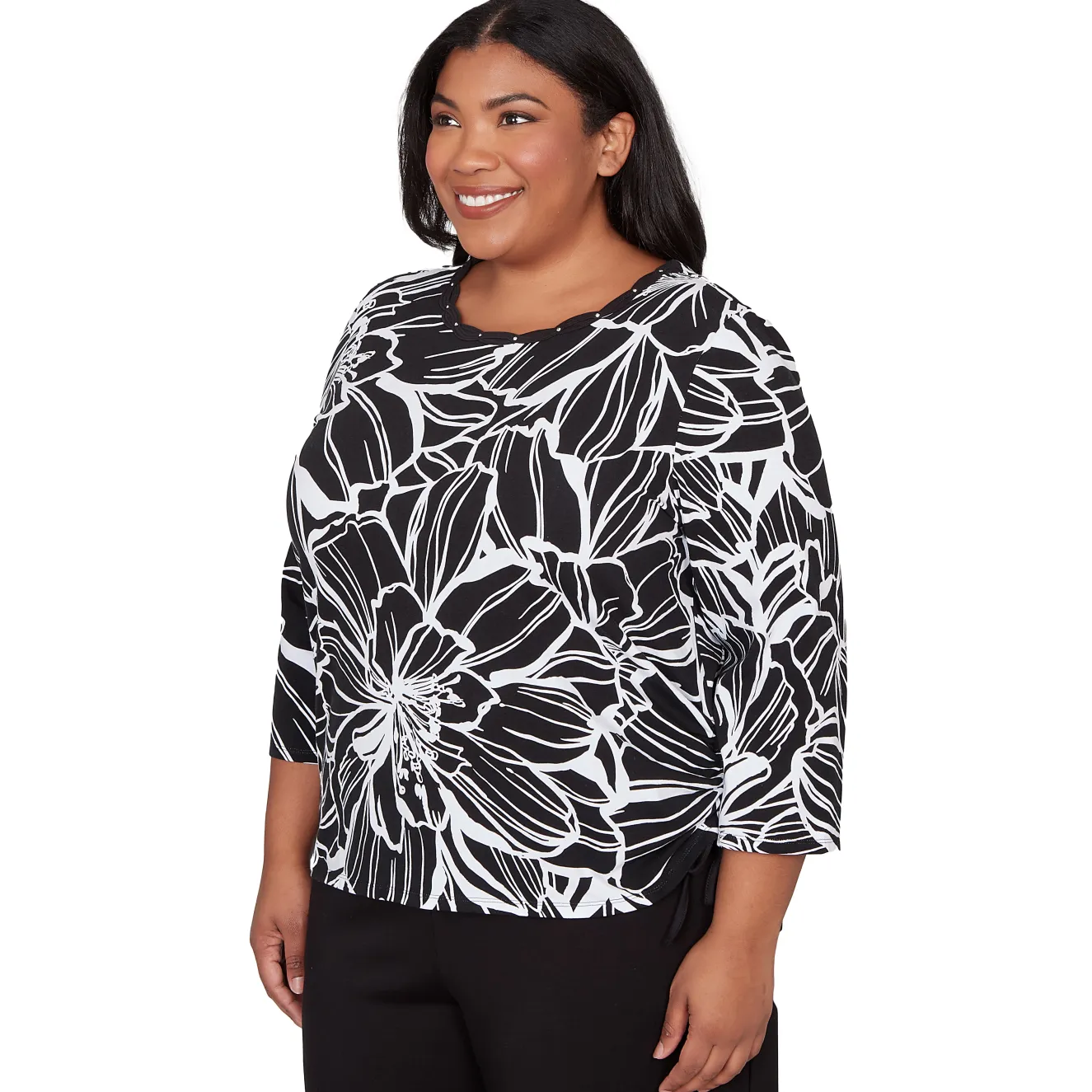Alfred Dunner Floral Linework Side Tie Ruched Top, Plus