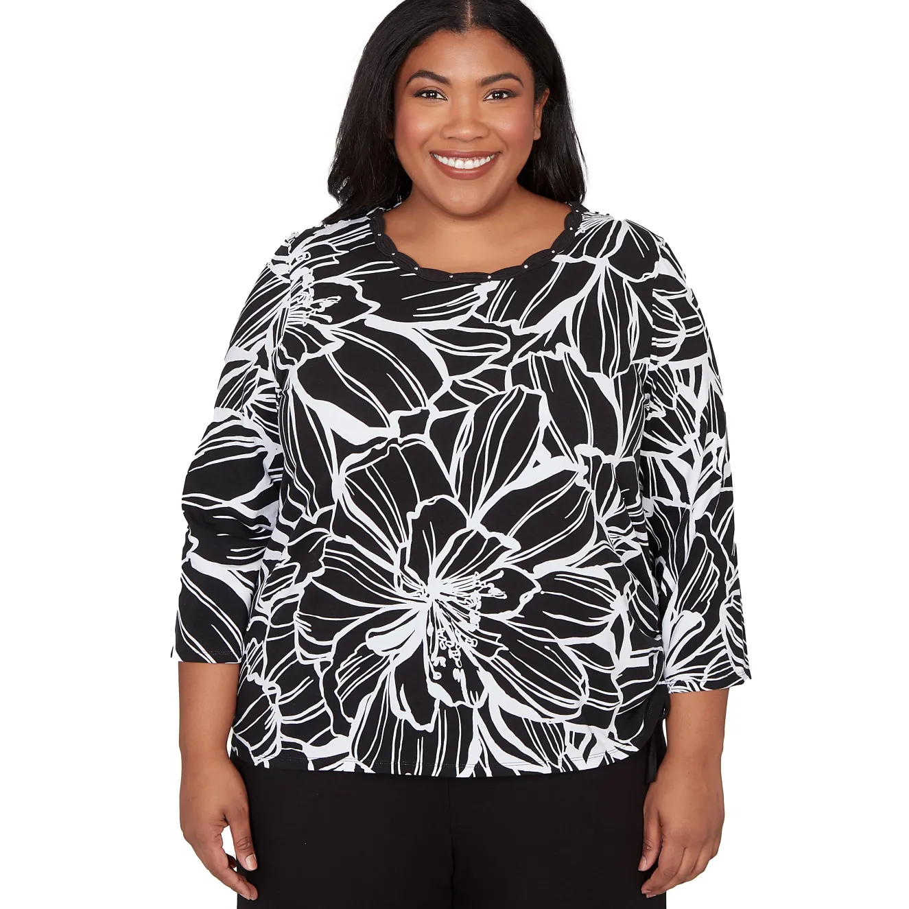Alfred Dunner Floral Linework Side Tie Ruched Top, Plus