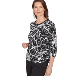Alfred Dunner Floral Linework Side Tie Ruched Top, Petite