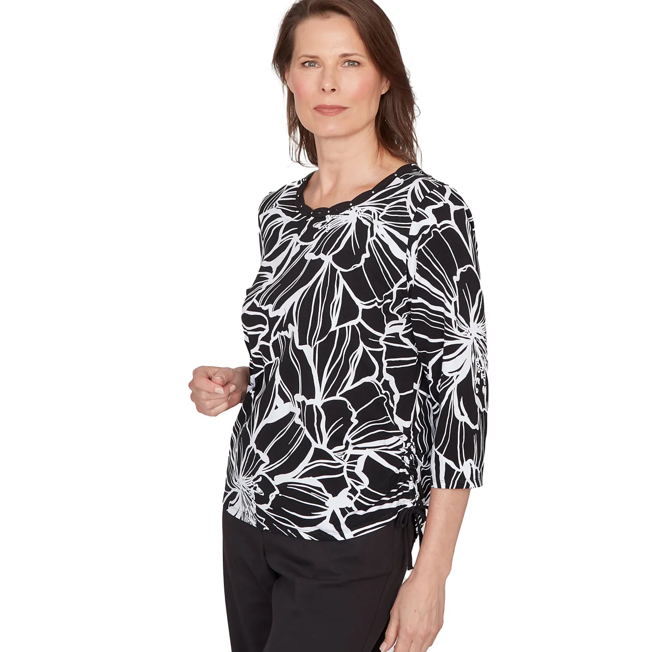 Alfred Dunner Floral Linework Side Tie Ruched Top, Petite
