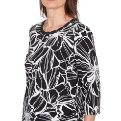 Alfred Dunner Floral Linework Side Tie Ruched Top, Petite