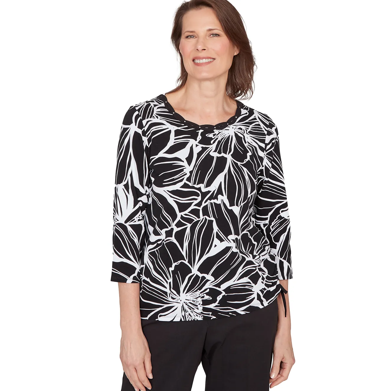 Alfred Dunner Floral Linework Side Tie Ruched Top, Petite