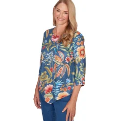 Alfred Dunner Floral Print Pointed Hem Top with Necklace, Petite