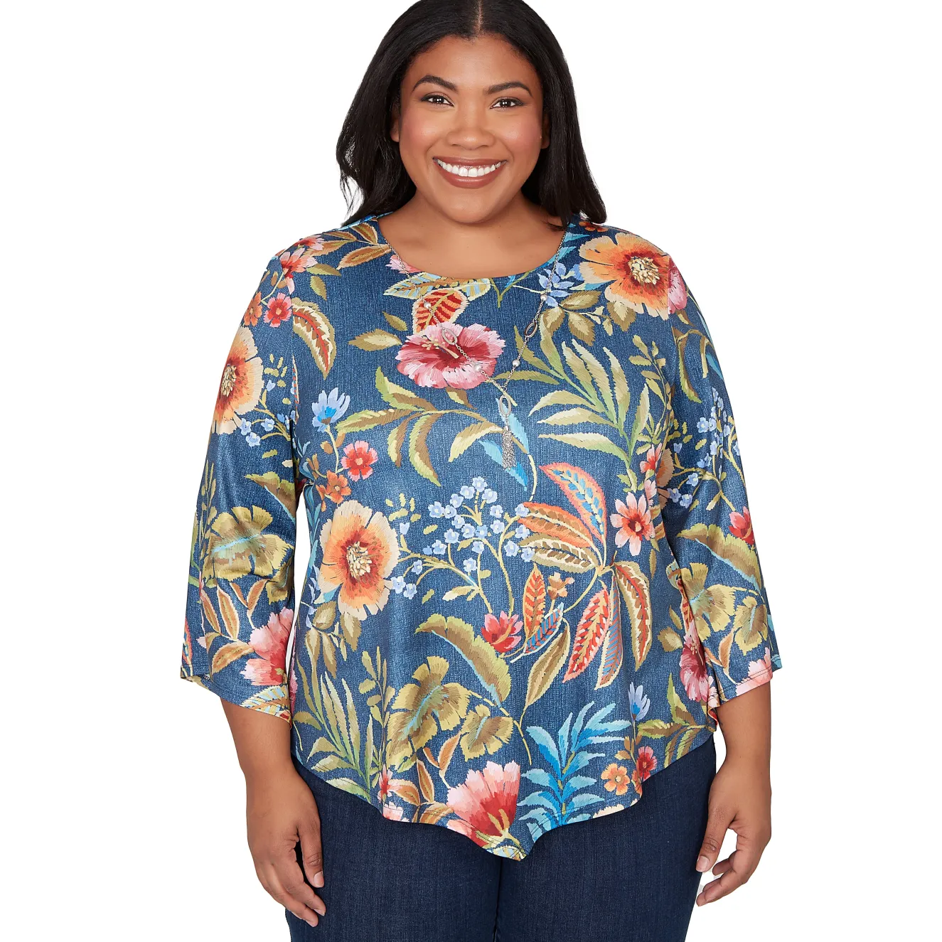 Alfred Dunner Floral Print Pointed Hem Top with Necklace, Plus