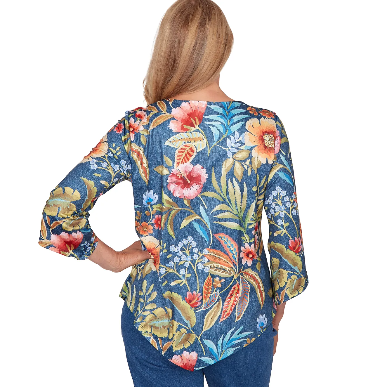 Alfred Dunner Floral Print Pointed Hem Top with Necklace
