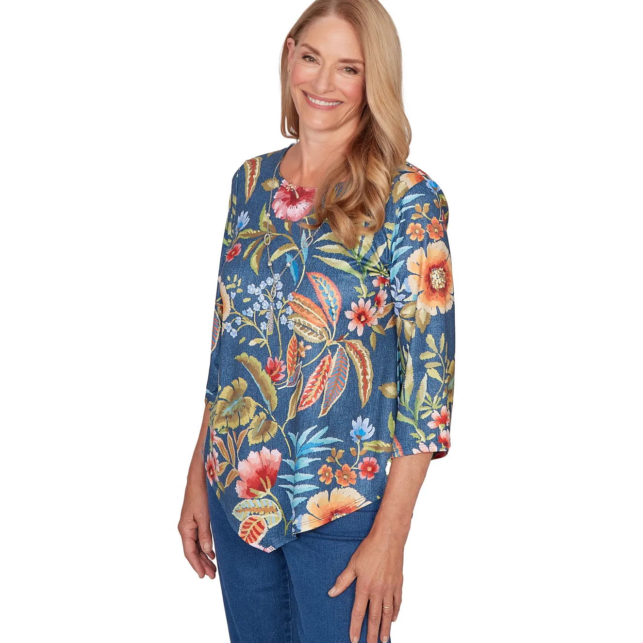Alfred Dunner Floral Print Pointed Hem Top with Necklace