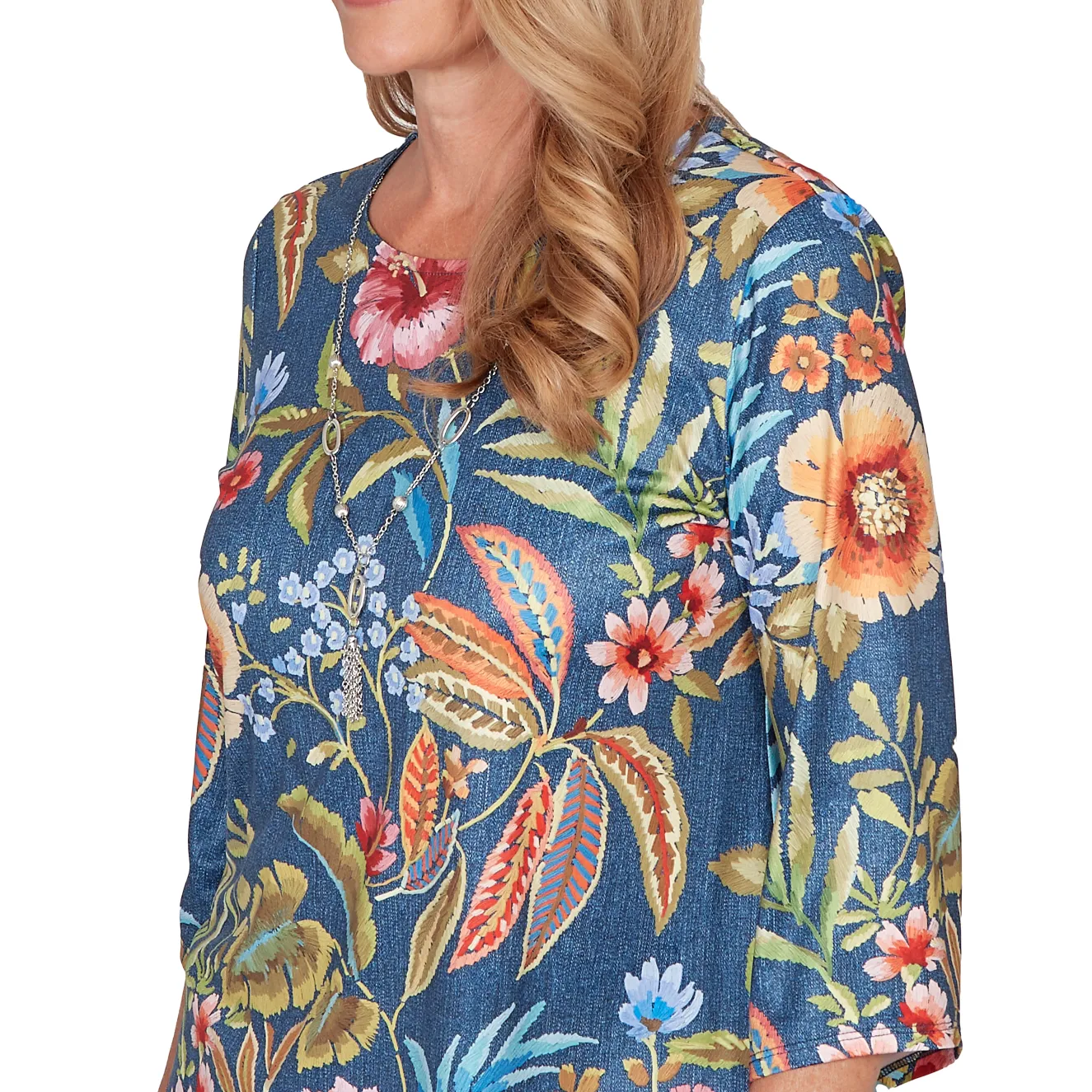 Alfred Dunner Floral Print Pointed Hem Top with Necklace