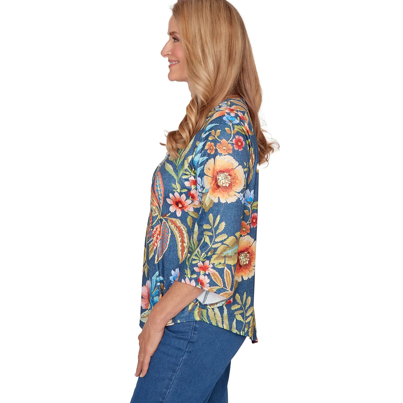 Alfred Dunner Floral Print Pointed Hem Top with Necklace