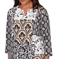 Alfred Dunner Geometric Scroll Patchwork Split Neck Top, Petite