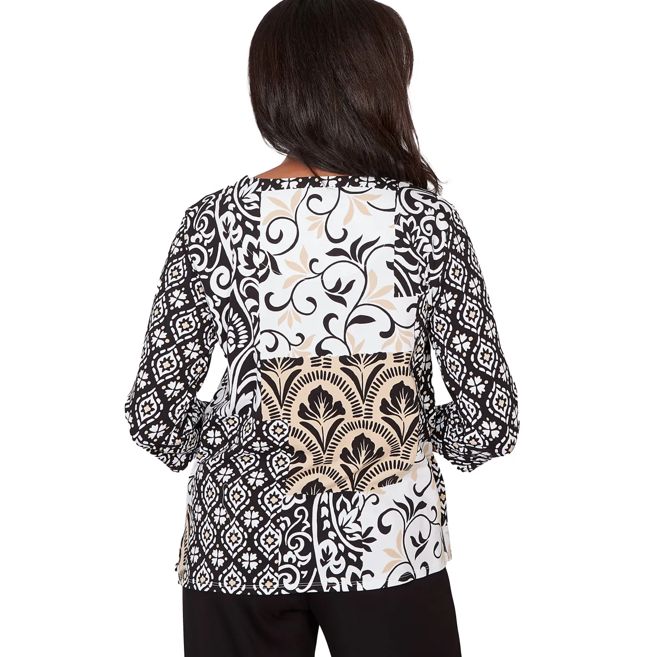 Alfred Dunner Geometric Scroll Patchwork Split Neck Top, Petite