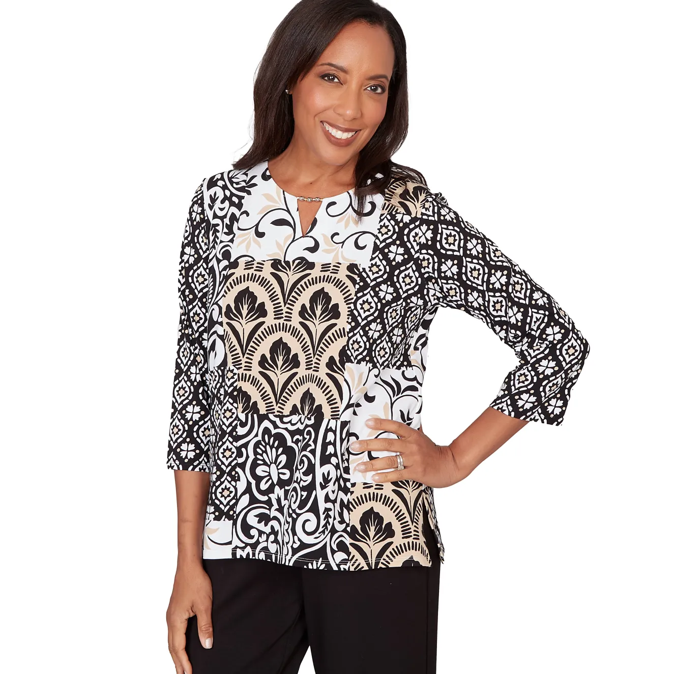 Alfred Dunner Geometric Scroll Patchwork Split Neck Top, Petite