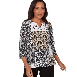 Alfred Dunner Geometric Scroll Patchwork Split Neck Top, Petite