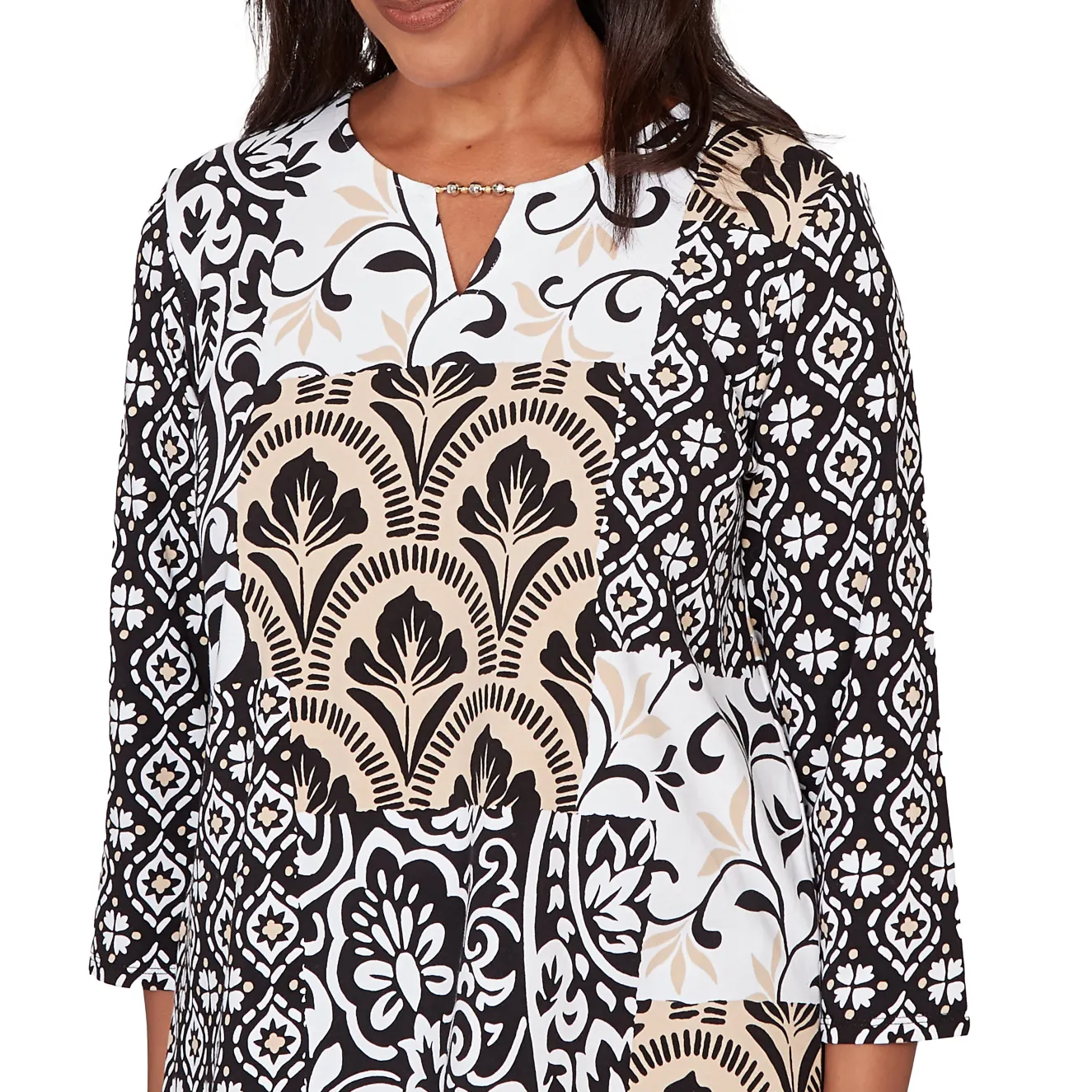 Alfred Dunner Geometric Scroll Patchwork Split Neck Top