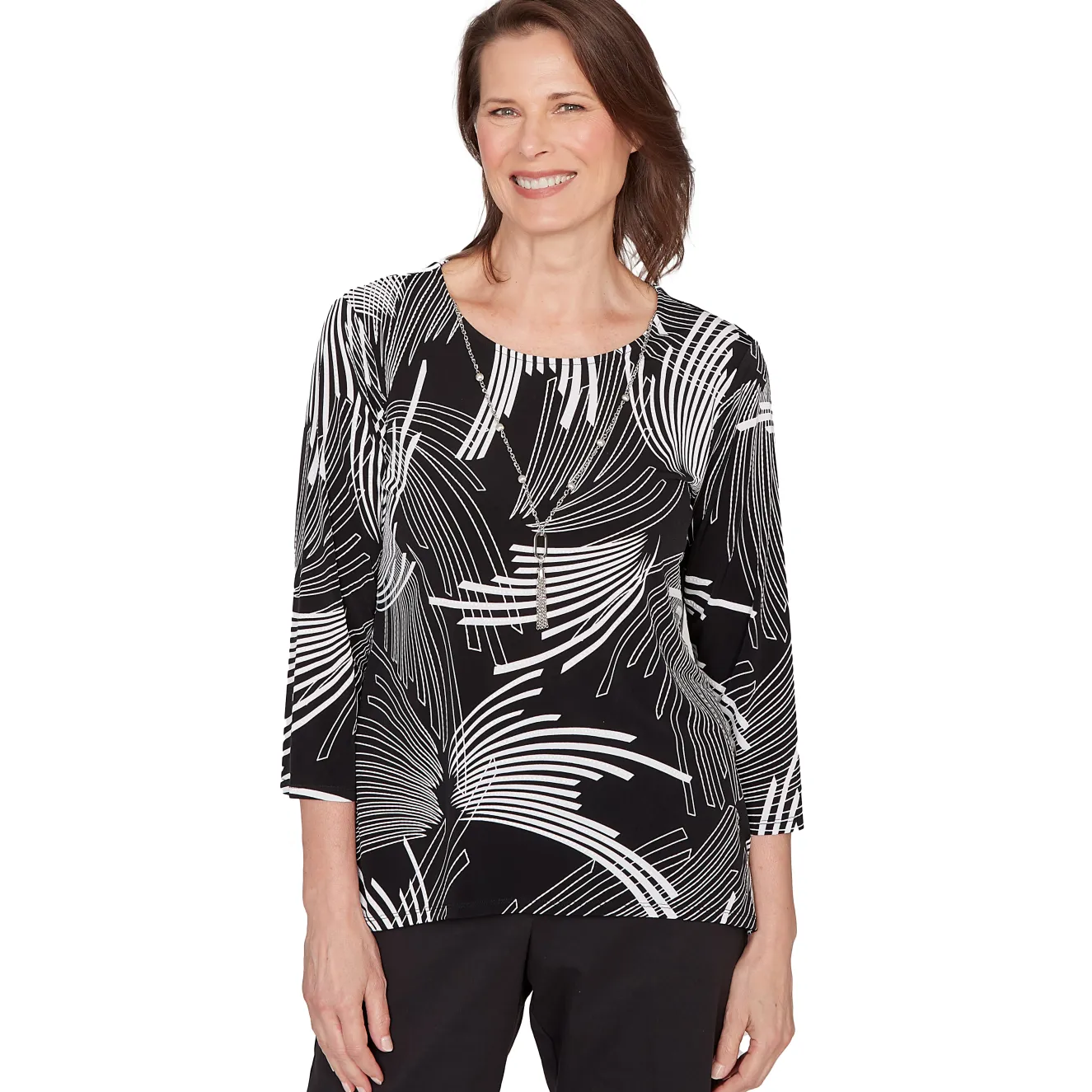 Alfred Dunner Geometric Sharkbite Hem Top with Necklace, Petite