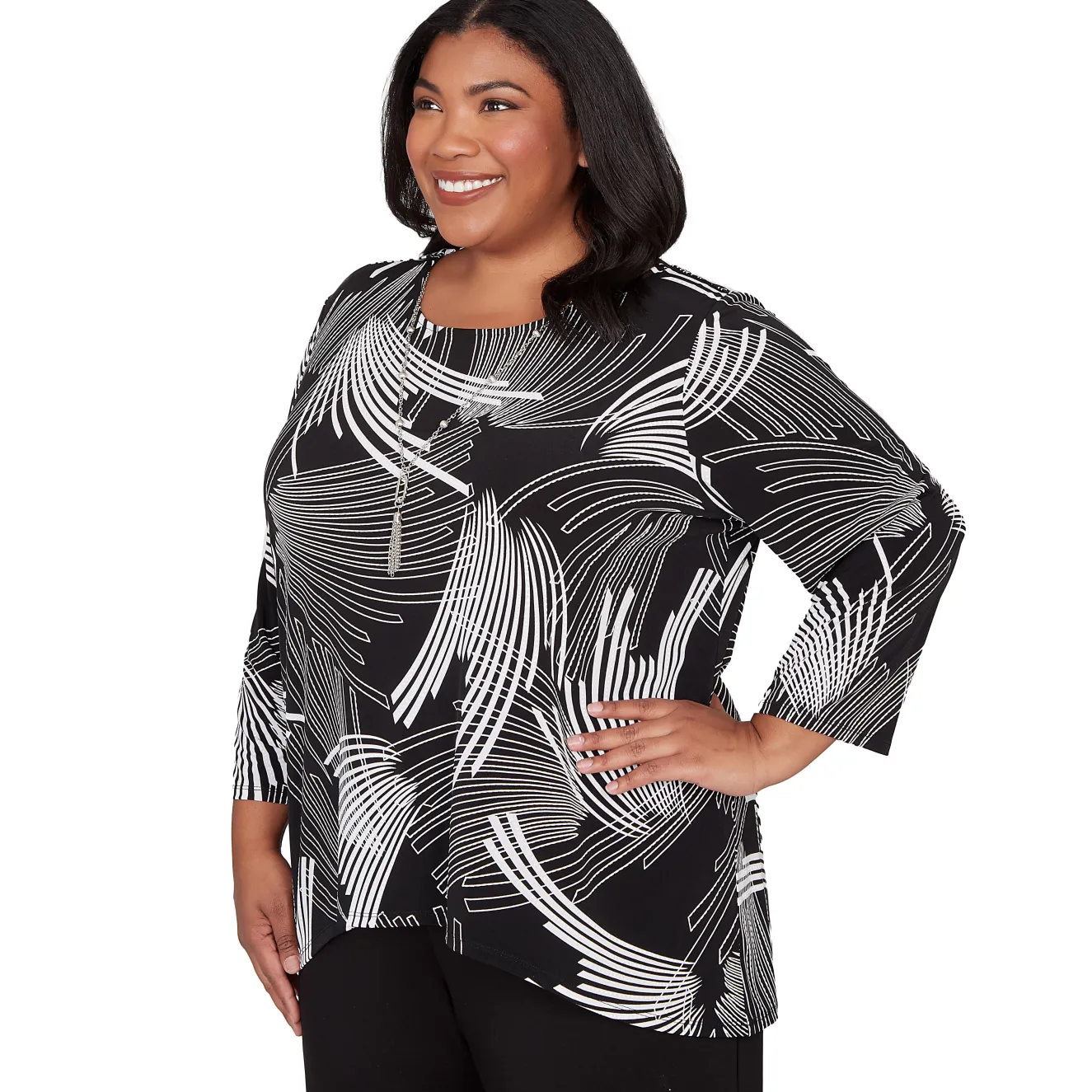 Alfred Dunner Geometric Sharkbite Hem Top with Necklace, Plus