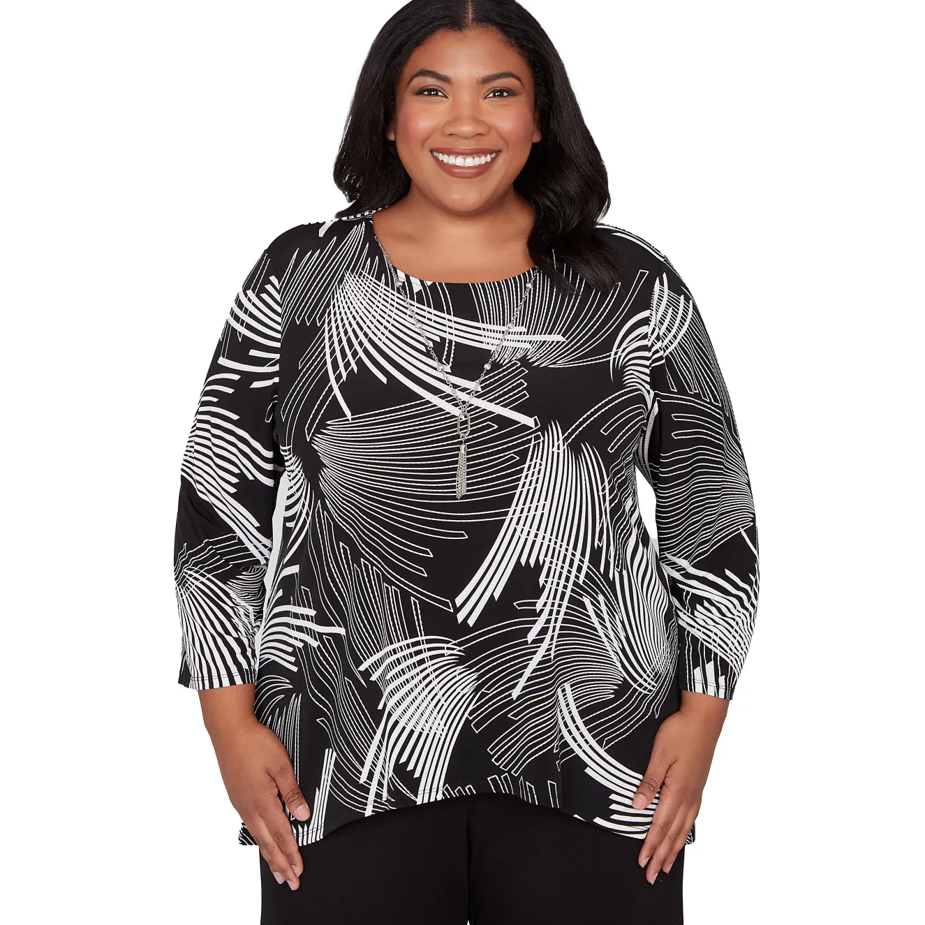 Alfred Dunner Geometric Sharkbite Hem Top with Necklace, Plus
