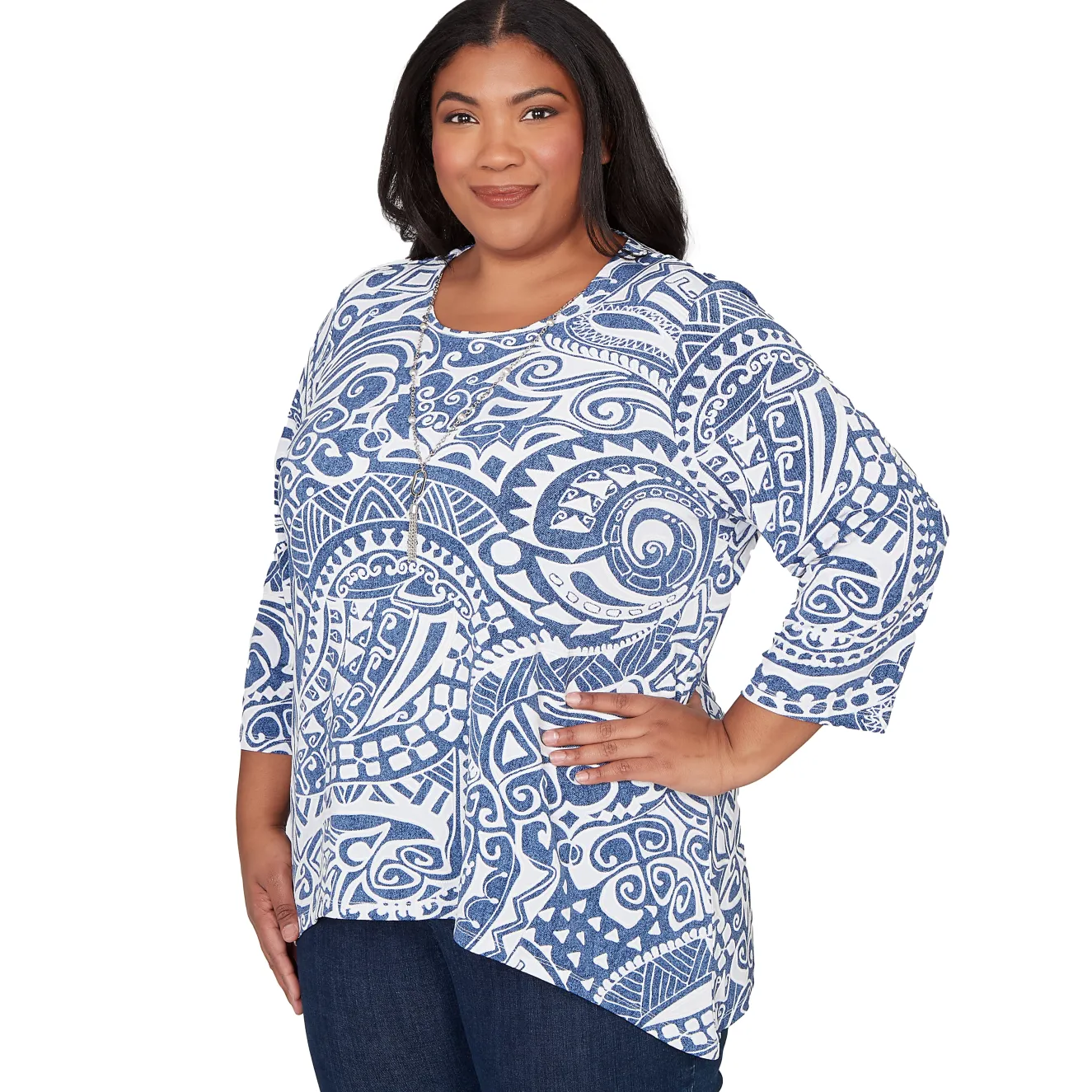 Alfred Dunner Paisley Swirl Sharkbite Hem Top with Necklace, Plus