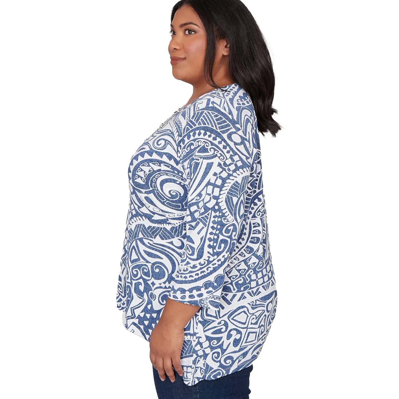 Alfred Dunner Paisley Swirl Sharkbite Hem Top with Necklace, Plus