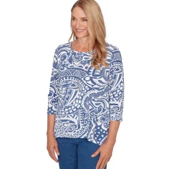 Alfred Dunner Paisley Swirl Sharkbite Hem Top with Necklace