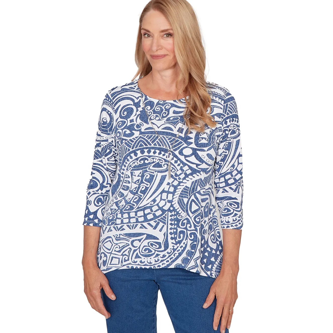 Alfred Dunner Paisley Swirl Sharkbite Hem Top with Necklace