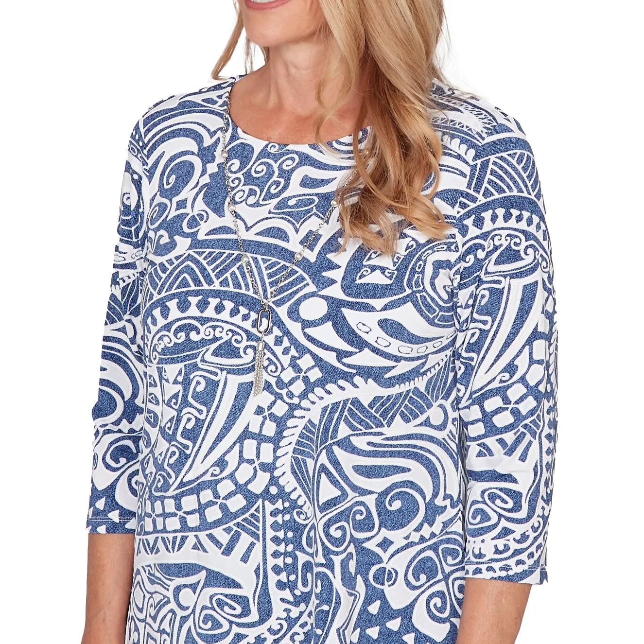 Alfred Dunner Paisley Swirl Sharkbite Hem Top with Necklace
