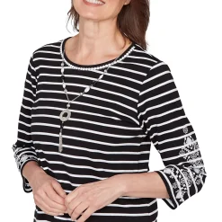 Alfred Dunner Pinstripe Embroidered Sleeve Top with Necklace, Petite
