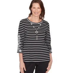 Alfred Dunner Pinstripe Embroidered Sleeve Top with Necklace, Petite