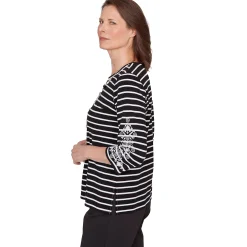 Alfred Dunner Pinstripe Embroidered Sleeve Top with Necklace, Petite
