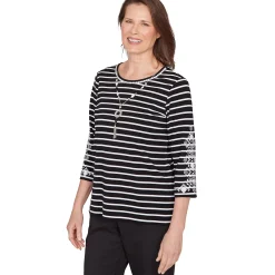 Alfred Dunner Pinstripe Embroidered Sleeve Top with Necklace, Petite