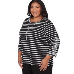 Alfred Dunner Pinstripe Embroidered Sleeve Top with Necklace, Plus