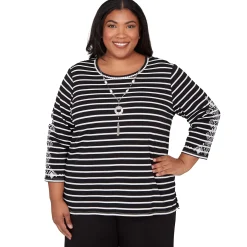 Alfred Dunner Pinstripe Embroidered Sleeve Top with Necklace, Plus