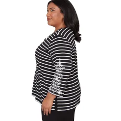 Alfred Dunner Pinstripe Embroidered Sleeve Top with Necklace, Plus