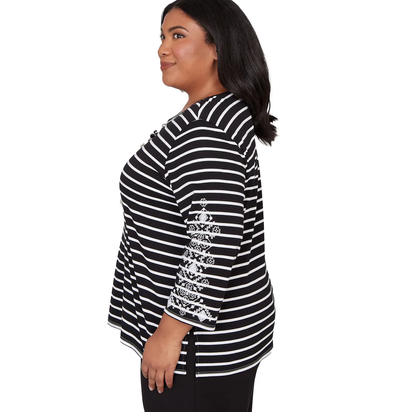 Alfred Dunner Pinstripe Embroidered Sleeve Top with Necklace, Plus
